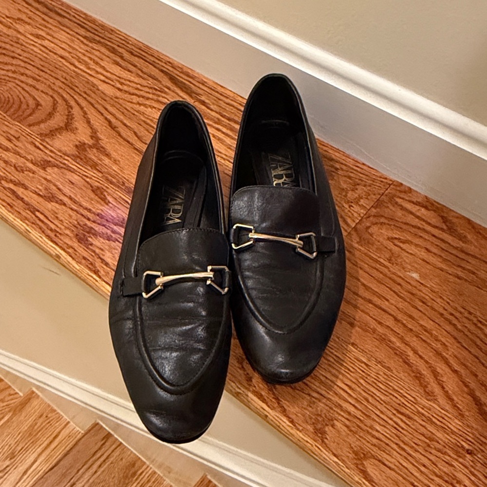 Zara Black Leather Loafers with Gold Buckle